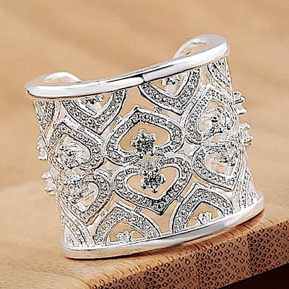 NEW STERLING SILVER WIDE BAND ZIRCONIA HEART CUFF RING - Picture 12 of 12